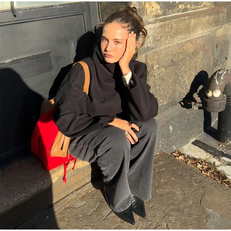 Women's Oversized Funnel Neck Double-Breasted Short Coat