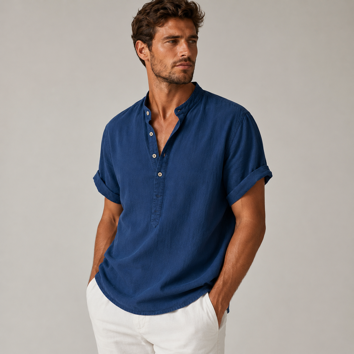 Men's Short Sleeve Band Collar Popover Shirt