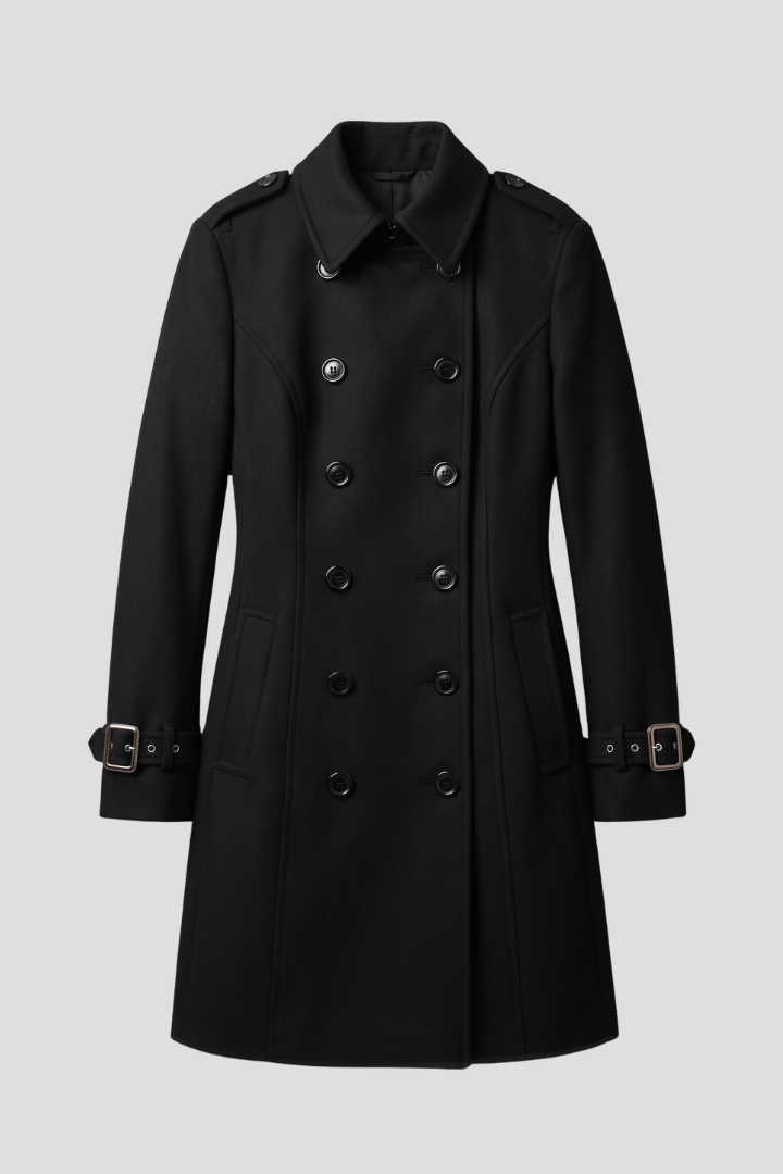 Women's Double-Breasted Military Coat with Buckle Cuffs