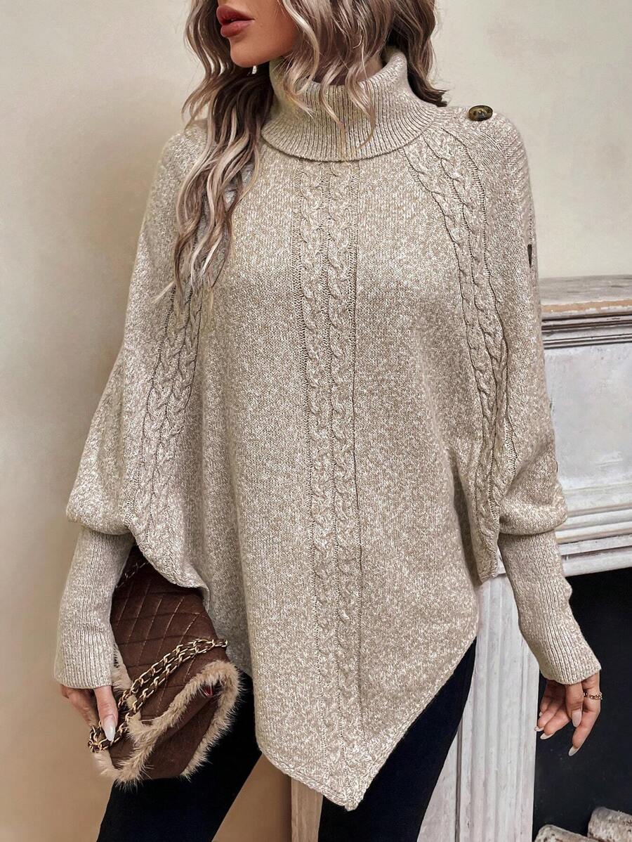 Women's Cable Knit Poncho Sweater with Button Detail