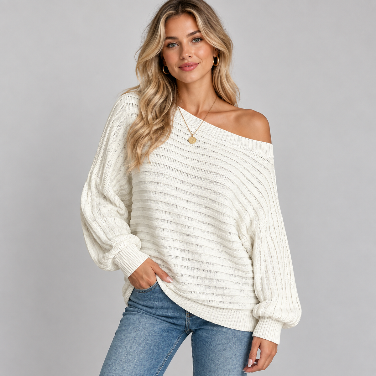 Women's Off-Shoulder Ribbed Knit Sweater with Batwing Sleeves