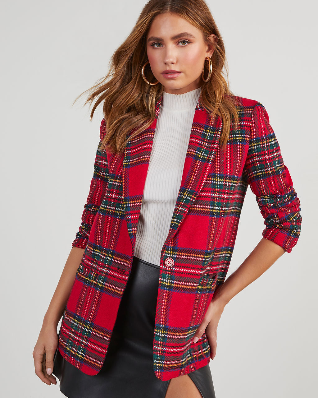 Women's Tartan Plaid Single-Button Blazer