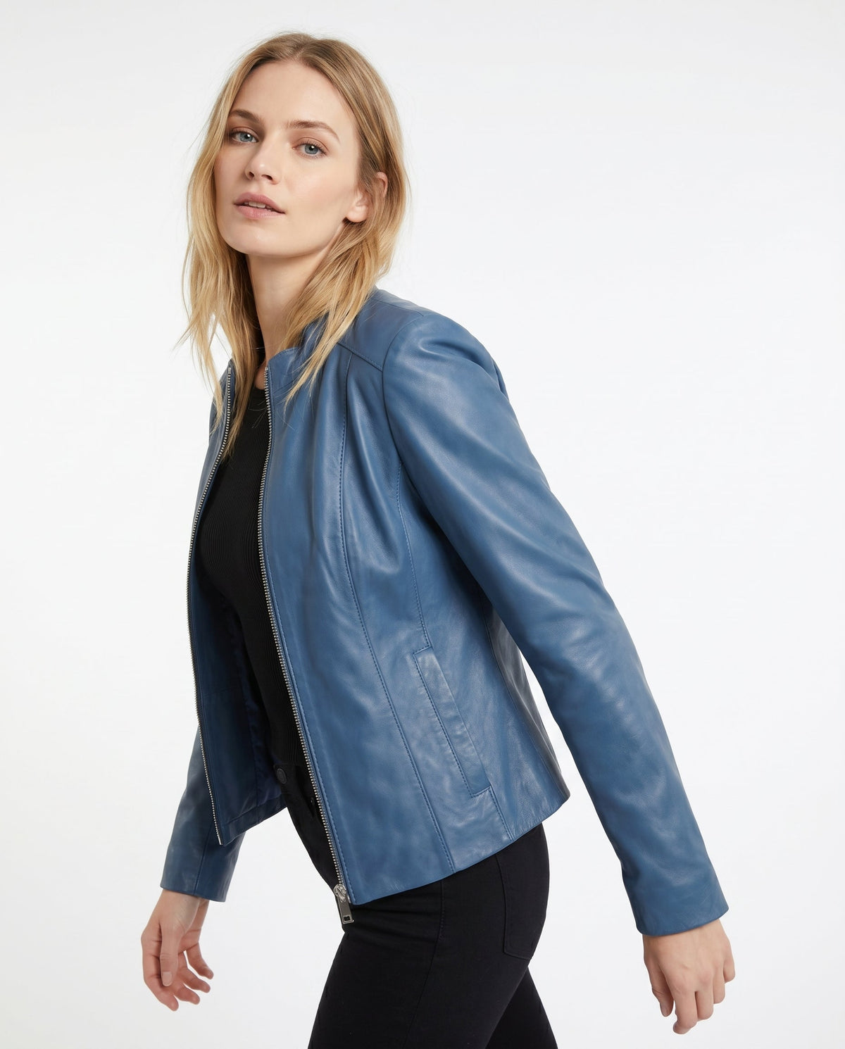 Women's Faux Leather Racer Jacket with Band Collar