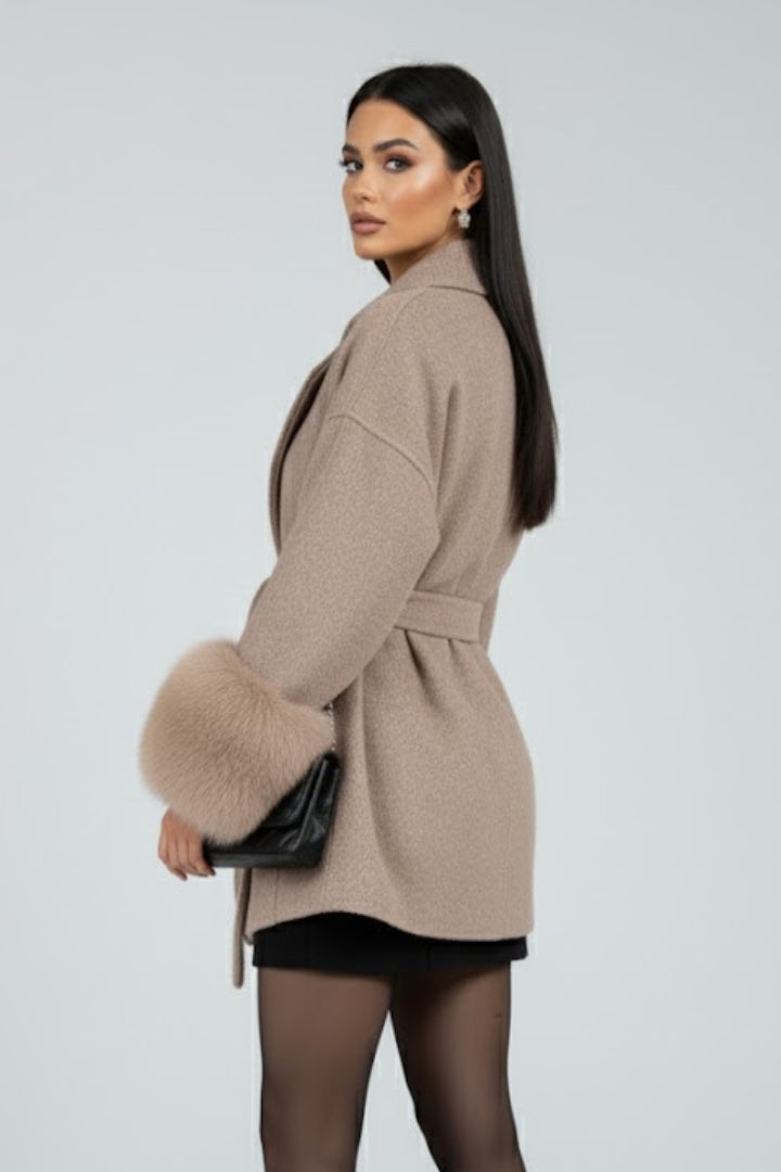 Women's Belted Wrap Coat with Faux Fur Cuffs