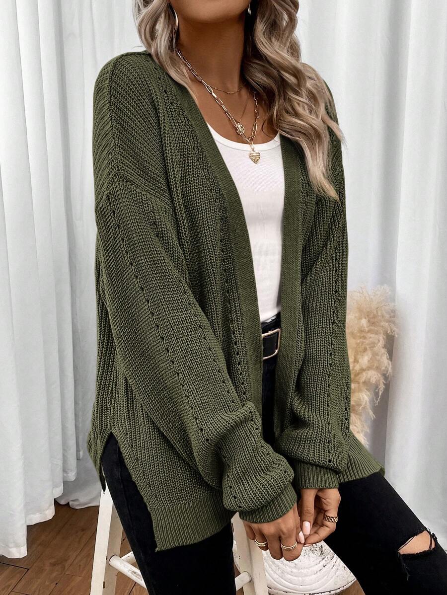 Women's Pointelle Knit Open Front Cardigan with Side Slits