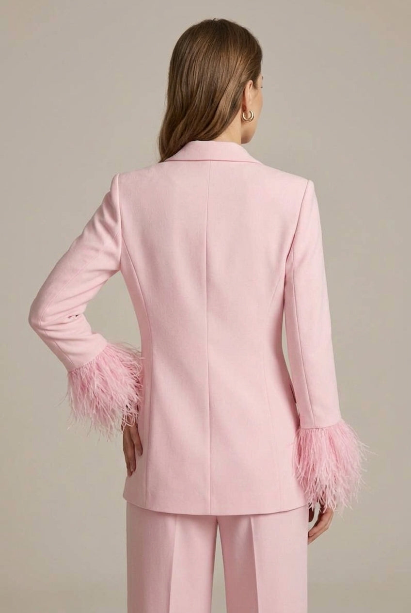 Women's Tailored Blazer and Trouser Set with Feather Trim