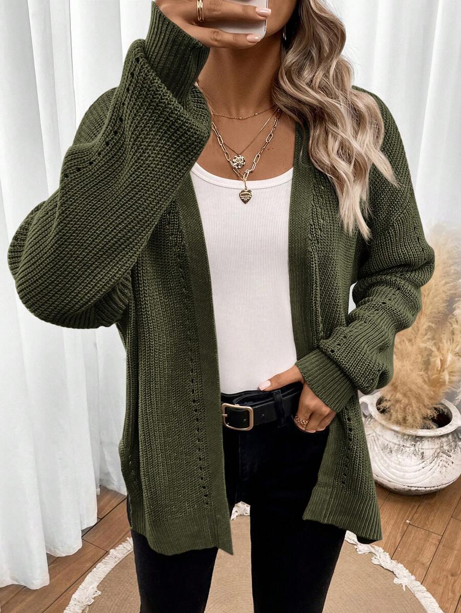 Women's Pointelle Knit Open Front Cardigan with Side Slits