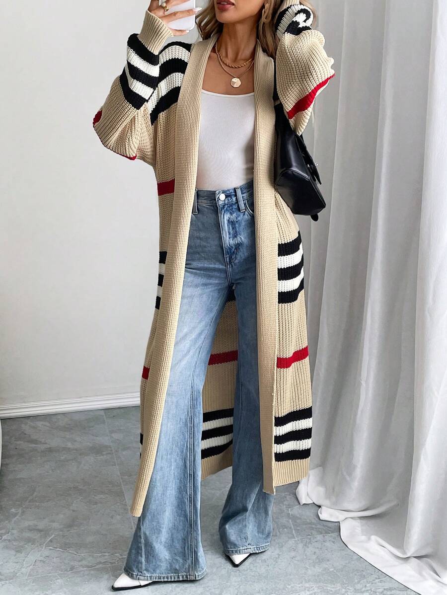Women's Longline Striped Open-Front Knit Cardigan
