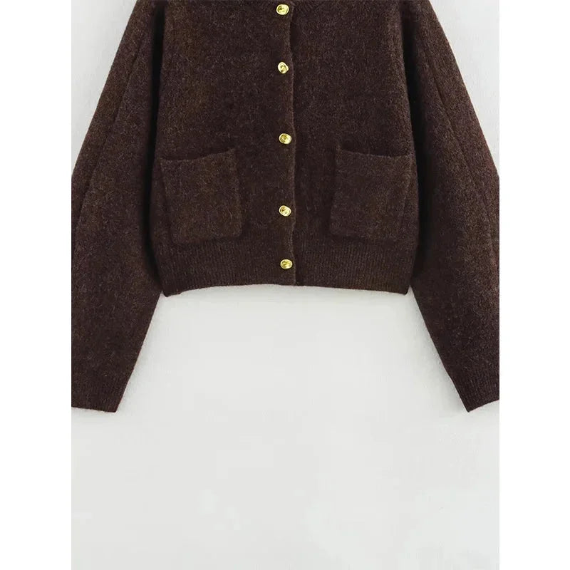 Women's Cropped Button-Front Knit Cardigan with Gold Buttons