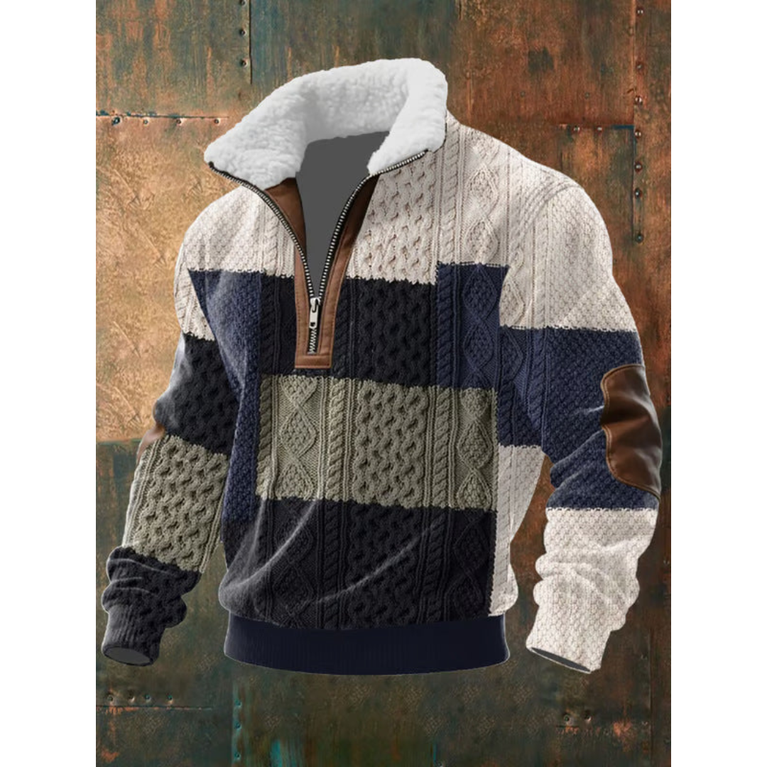 Men's Colour Block Half-Zip Sweater with Contrast Elbow Patches
