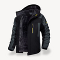 Men's color block hooded winter jacket with long sleeves and zip front