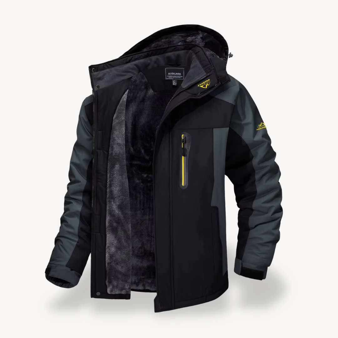 Men's color block hooded winter jacket with long sleeves and zip front
