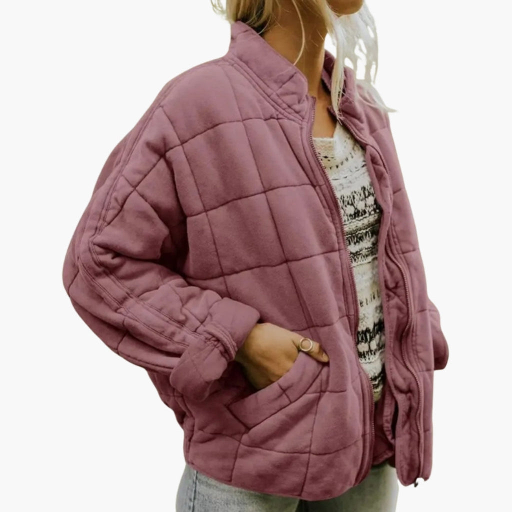 Women's Oversized Grid Quilted Zip Jacket with Stand Collar