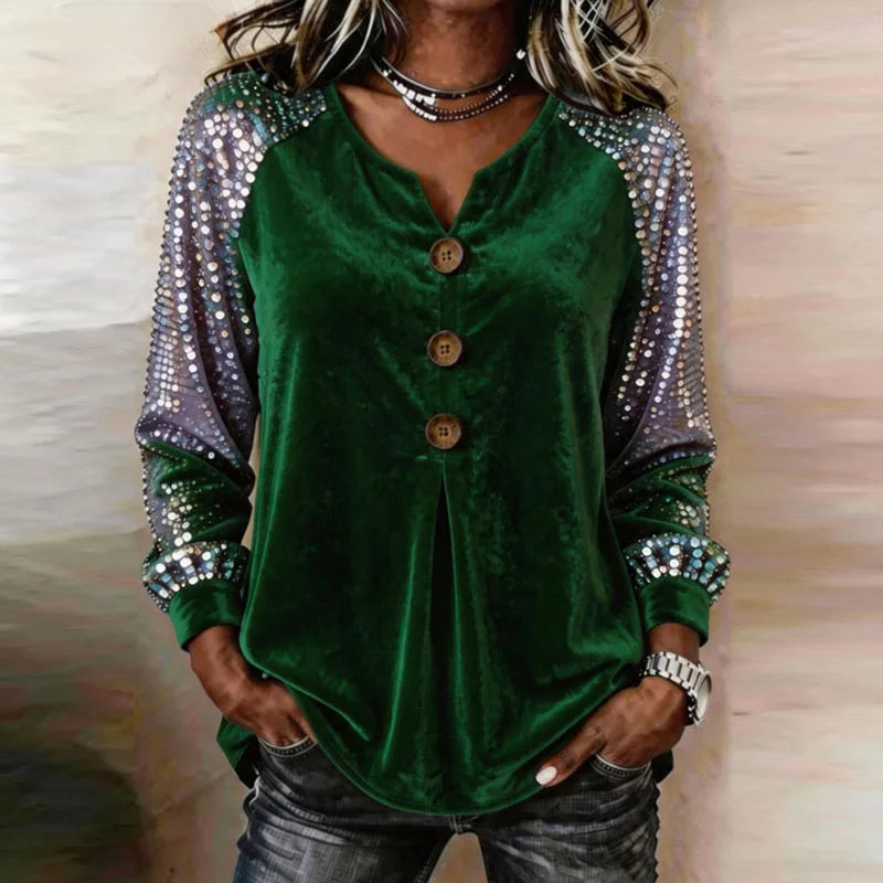 Women's Velvet Button-Front Top with Sequin Sleeves