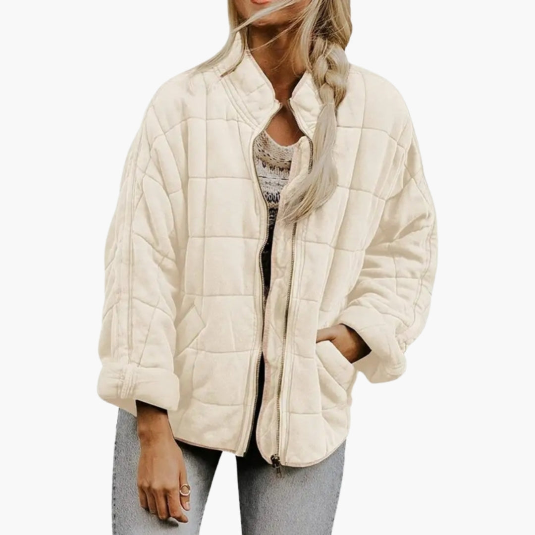 Women's Oversized Grid Quilted Zip Jacket with Stand Collar