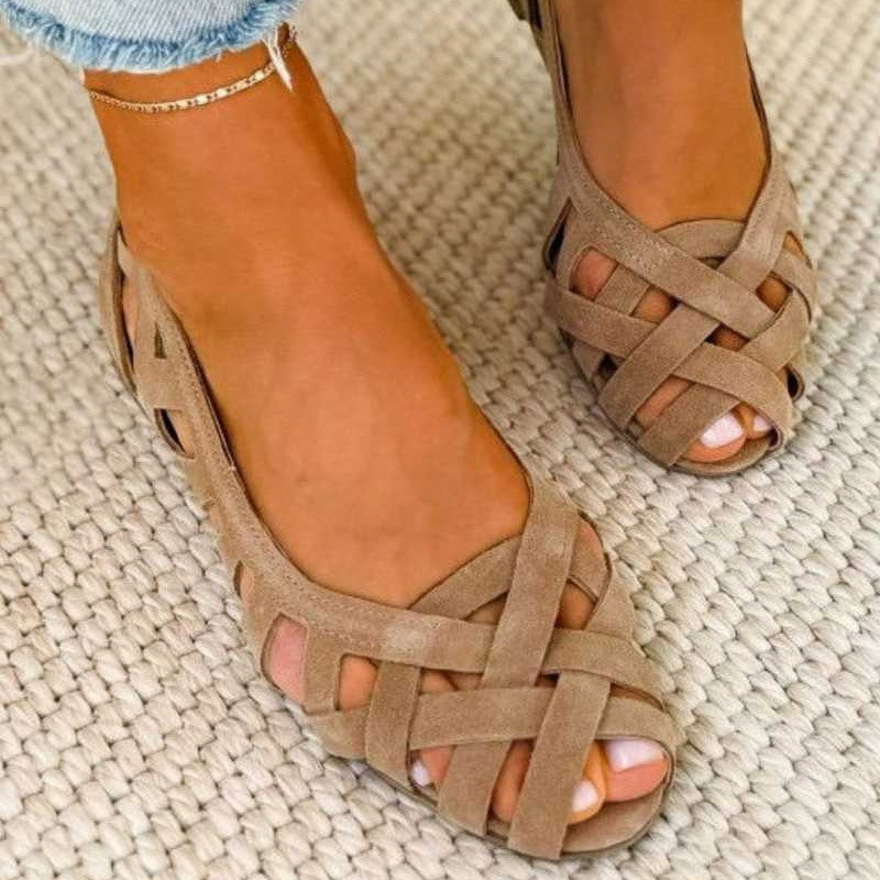 Women's Woven Cutout Flat Sandals with Ankle Strap