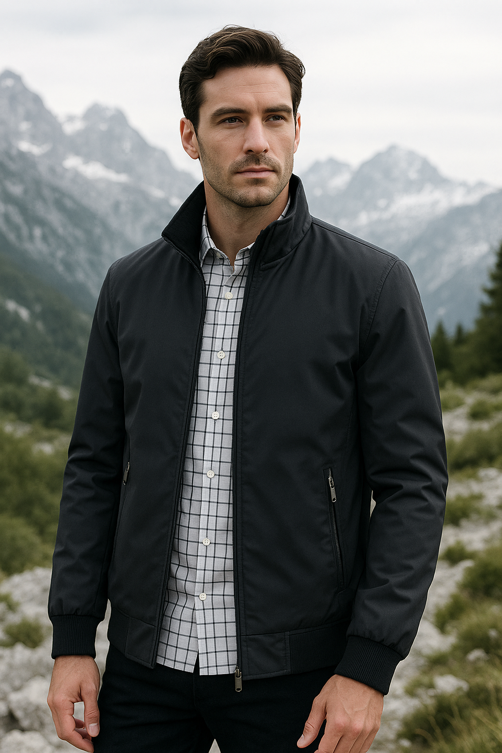 Men's Stand Collar Zip Jacket with Checked Lining
