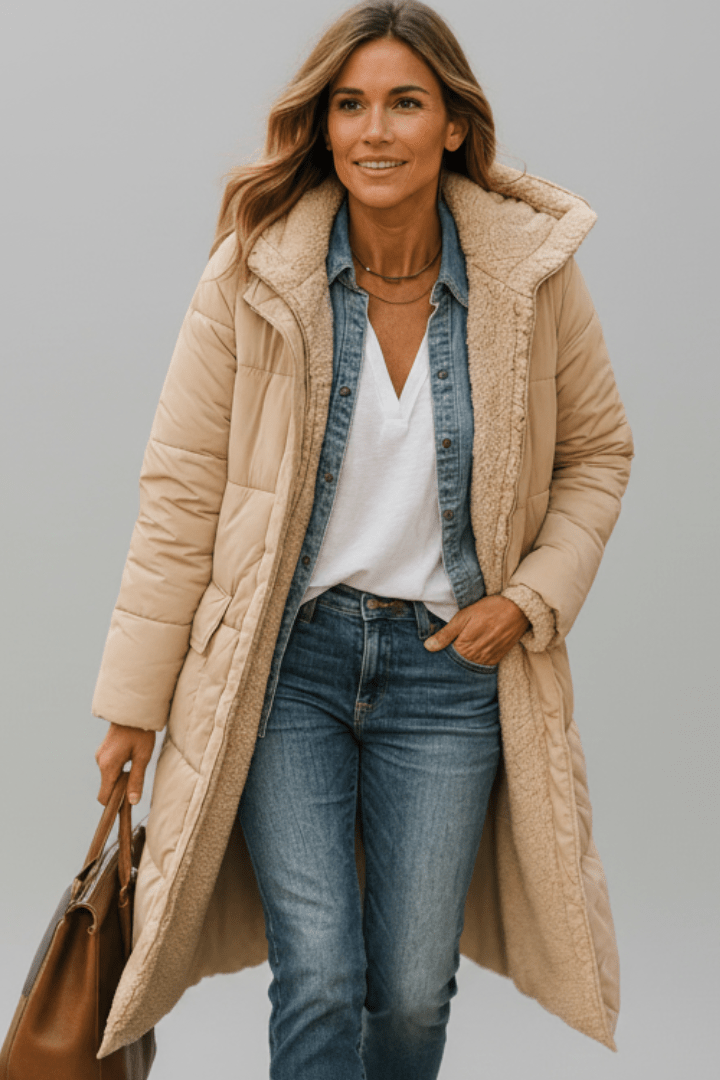 Women's Longline Puffer Coat with Sherpa Lining