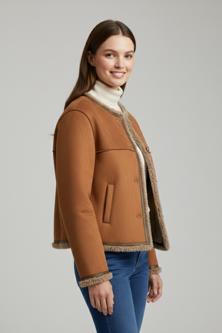 Women's Collarless Faux Suede Jacket with Faux Shearling Trim