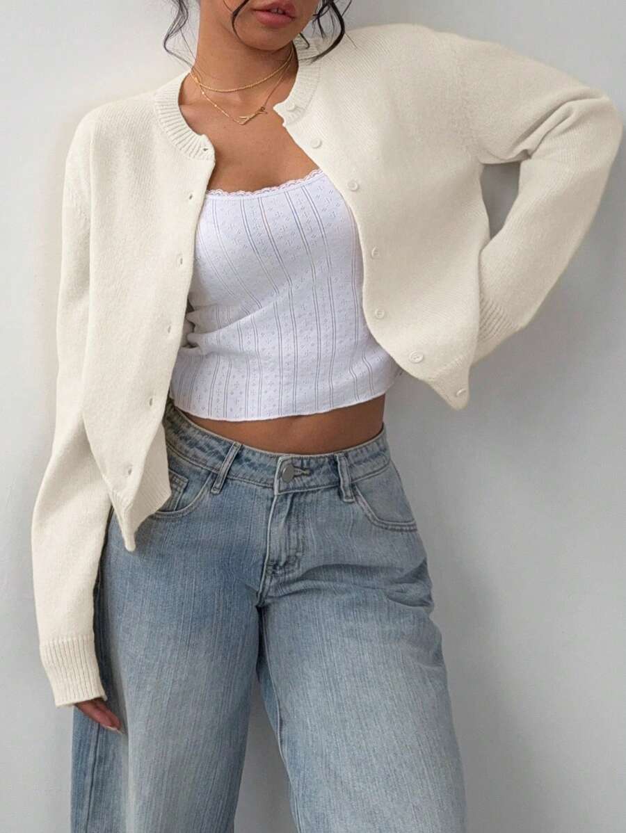 Women's Cropped Round Neck Button-Up Knit Cardigan