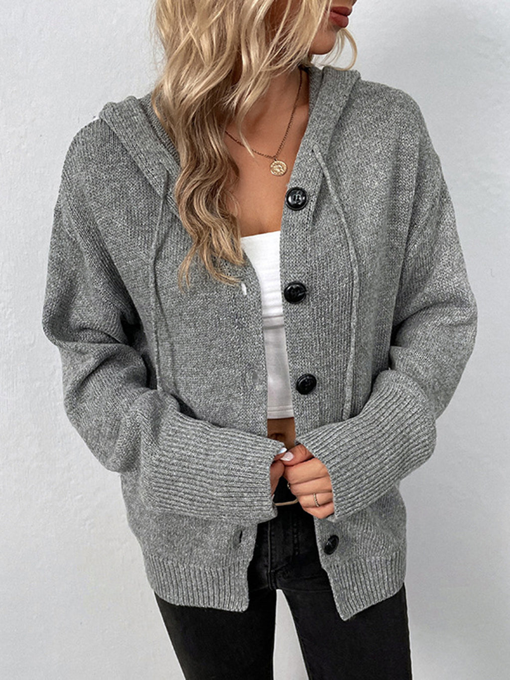 Women’s Hooded Knit Button Cardigan with Drawstring