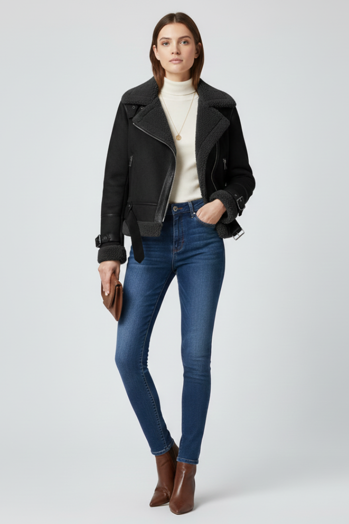Women's Faux Shearling Aviator Jacket with Buckle Details