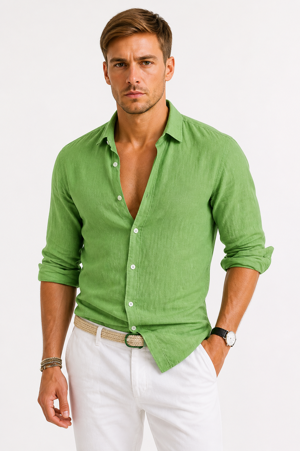 Men's Long Sleeve Button-Up Linen-Look Shirt
