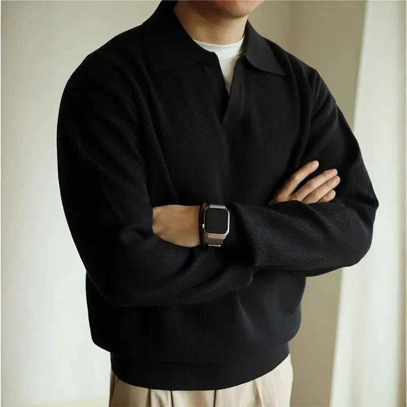 Men's Textured Knit Long Sleeve Polo Sweater