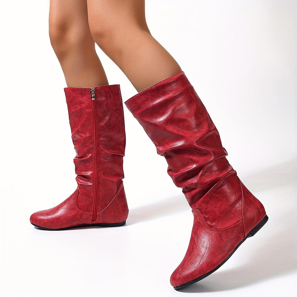 Women's Slouchy Knee-High Flat Boots with Side Zip
