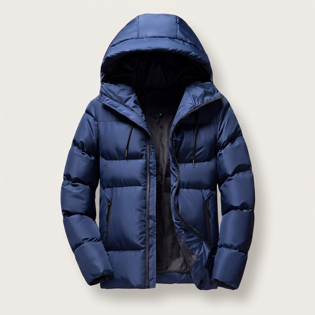 Men's Hooded Puffer Jacket with Drawstring Hood