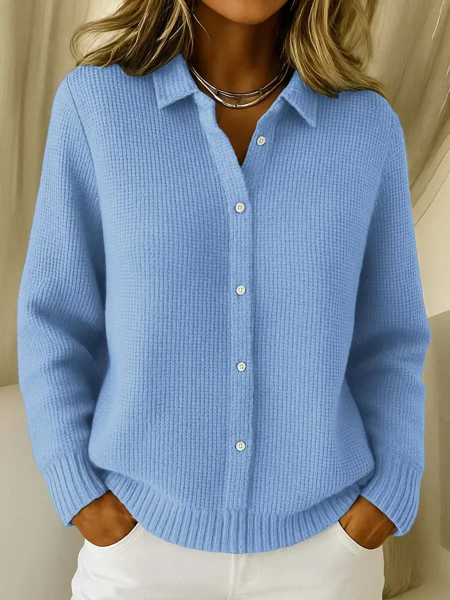 Women's textured knit cardigan with collared V-neck, long sleeves and button front