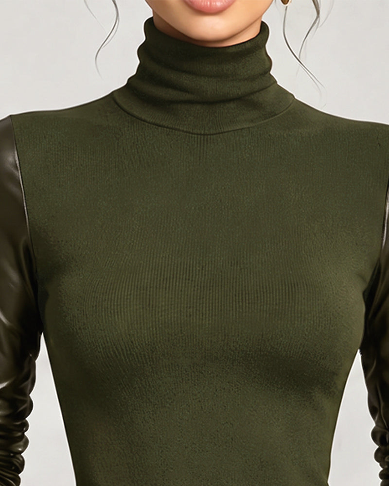 Women's fitted turtleneck top with long sleeves and contrasting glossy sleeve finish