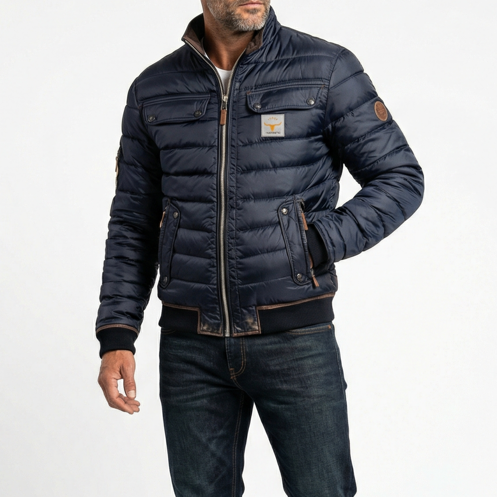 Men's Quilted Puffer Bomber Jacket with Ribbed Trim
