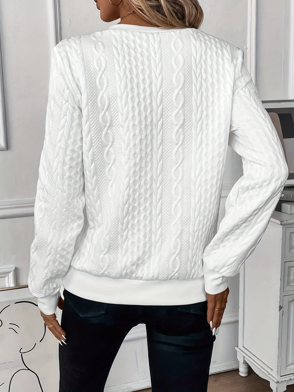 Women's textured cable knit half-zip sweater with long sleeves and ribbed trim