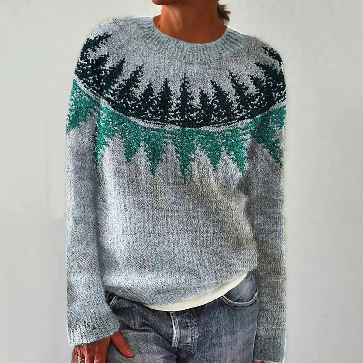 Women's Fair Isle Yoke Knit Sweater with Patterned Sleeves