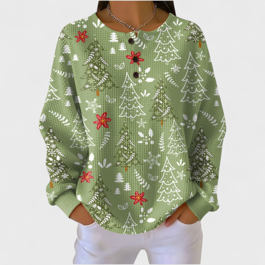 Women's Festive Print Button-Front Waffle Knit Top