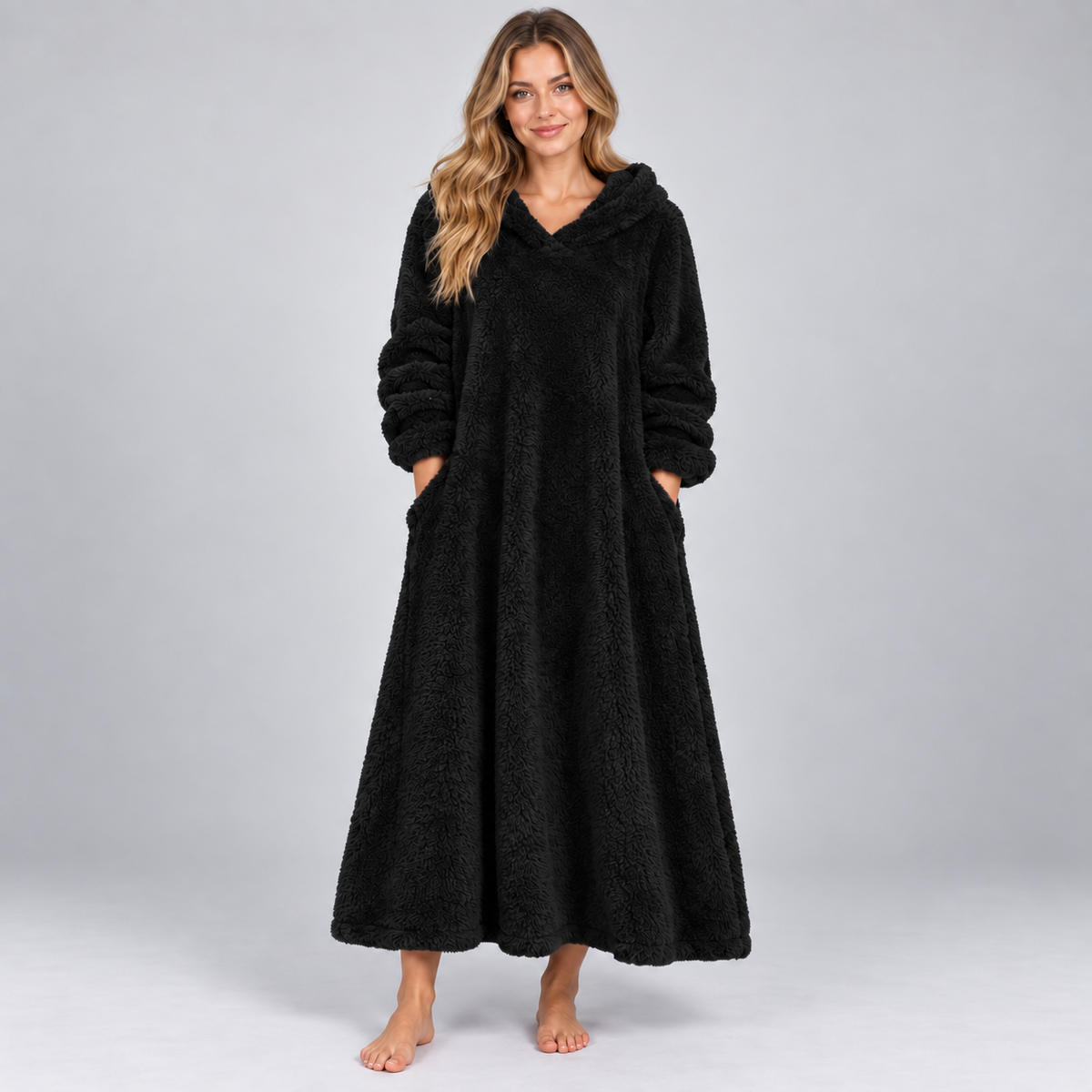 Women's Plush Hooded Maxi Lounge Dress with Pockets