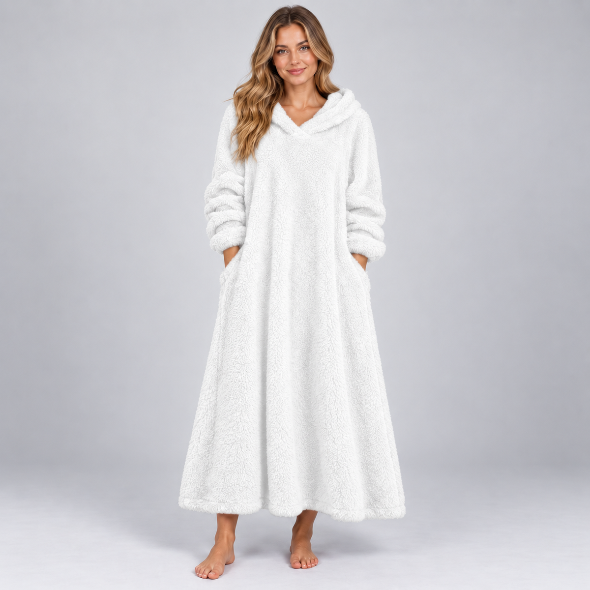 Women's Plush Hooded Maxi Lounge Dress with Pockets