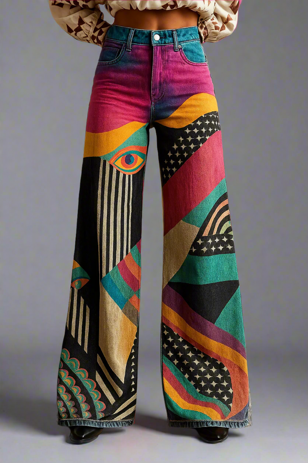 Women's High-Waisted Wide-Leg Abstract Print Jeans