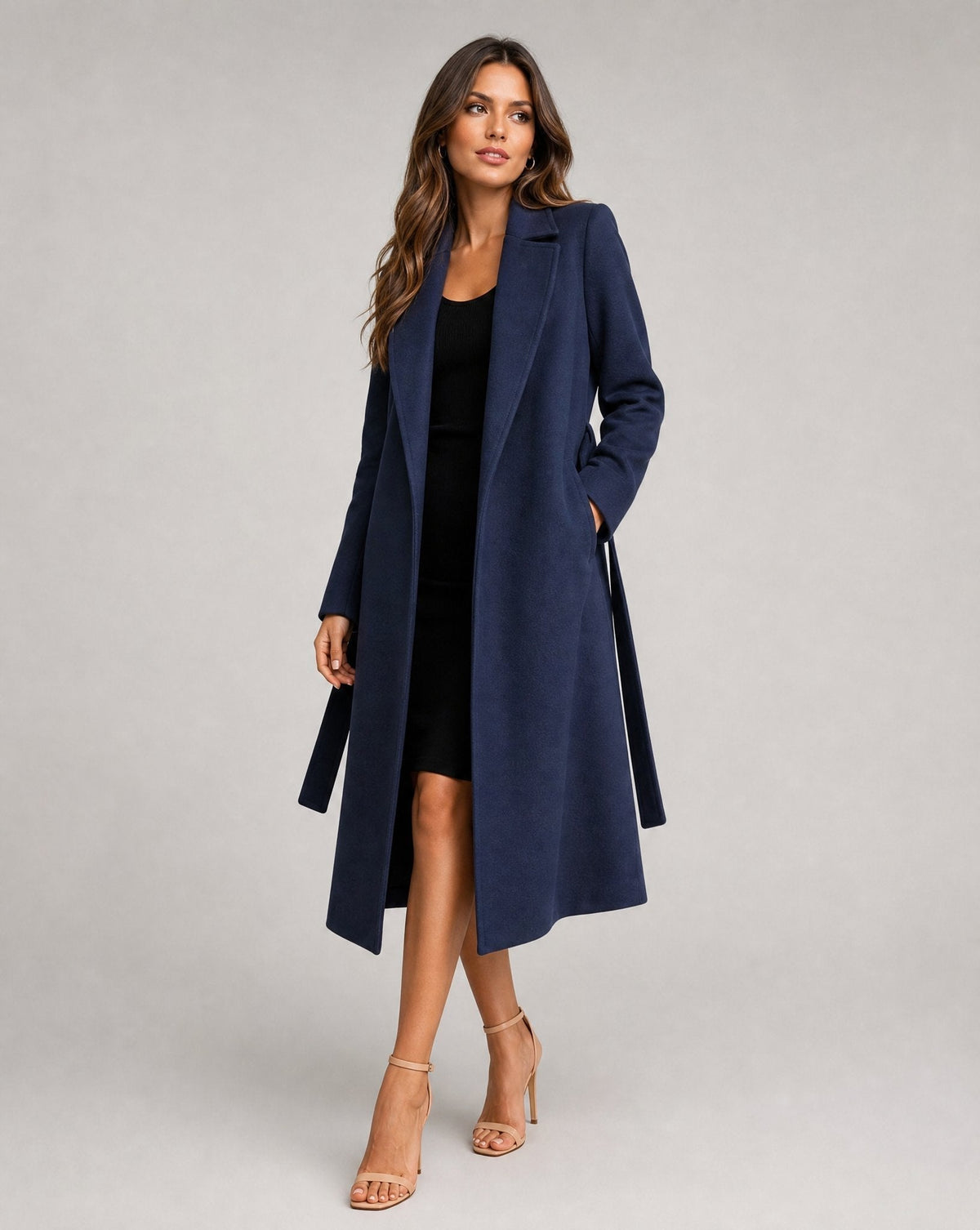 Women's Belted Longline Wrap Coat with Notch Lapel