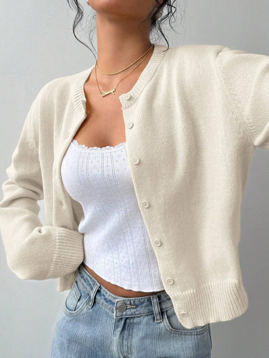 Women's Cropped Round Neck Button-Up Knit Cardigan