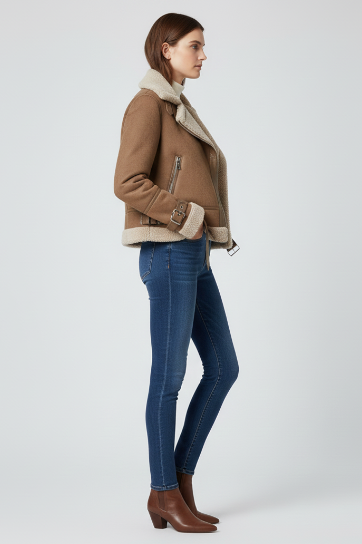 Women's Faux Shearling Aviator Jacket with Buckle Details