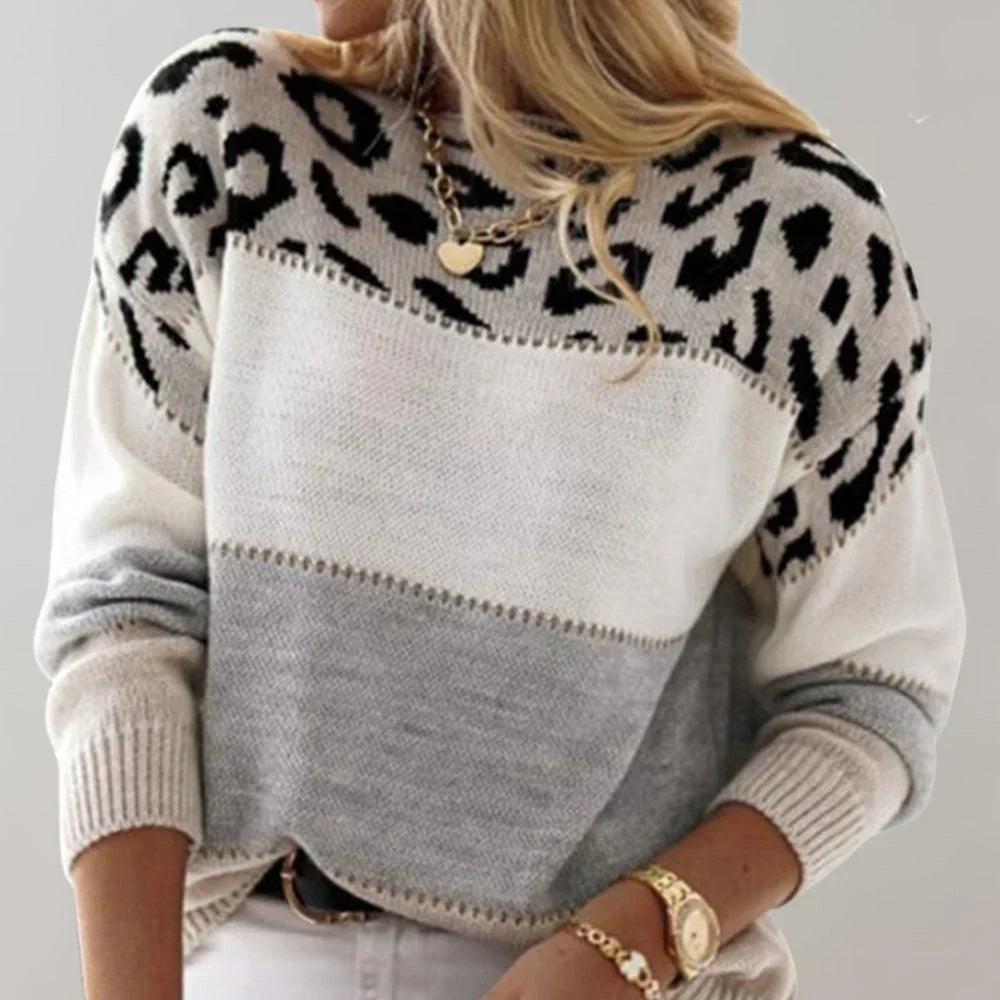 Women's Leopard Print Colour Block Knit Sweater