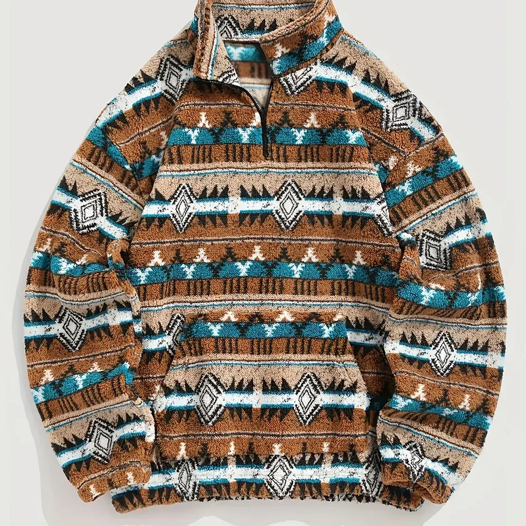 Men’s Geometric Pattern Teddy Fleece Half-Zip Pullover