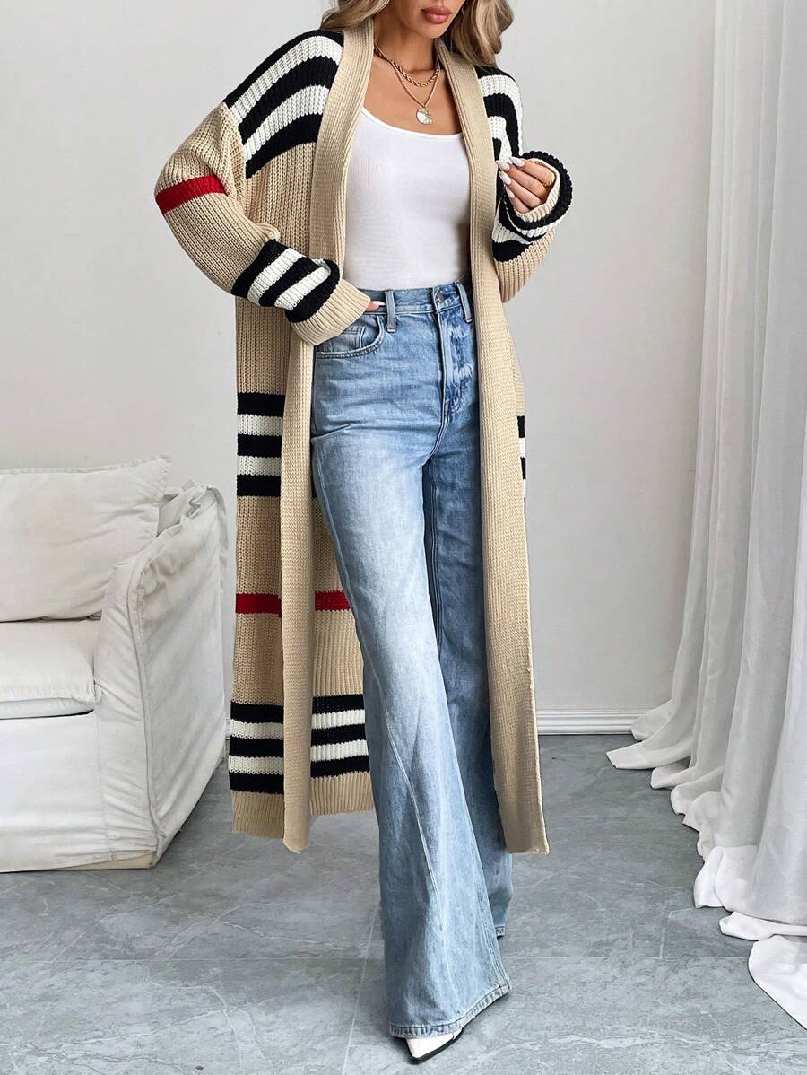 Women's Longline Striped Open-Front Knit Cardigan
