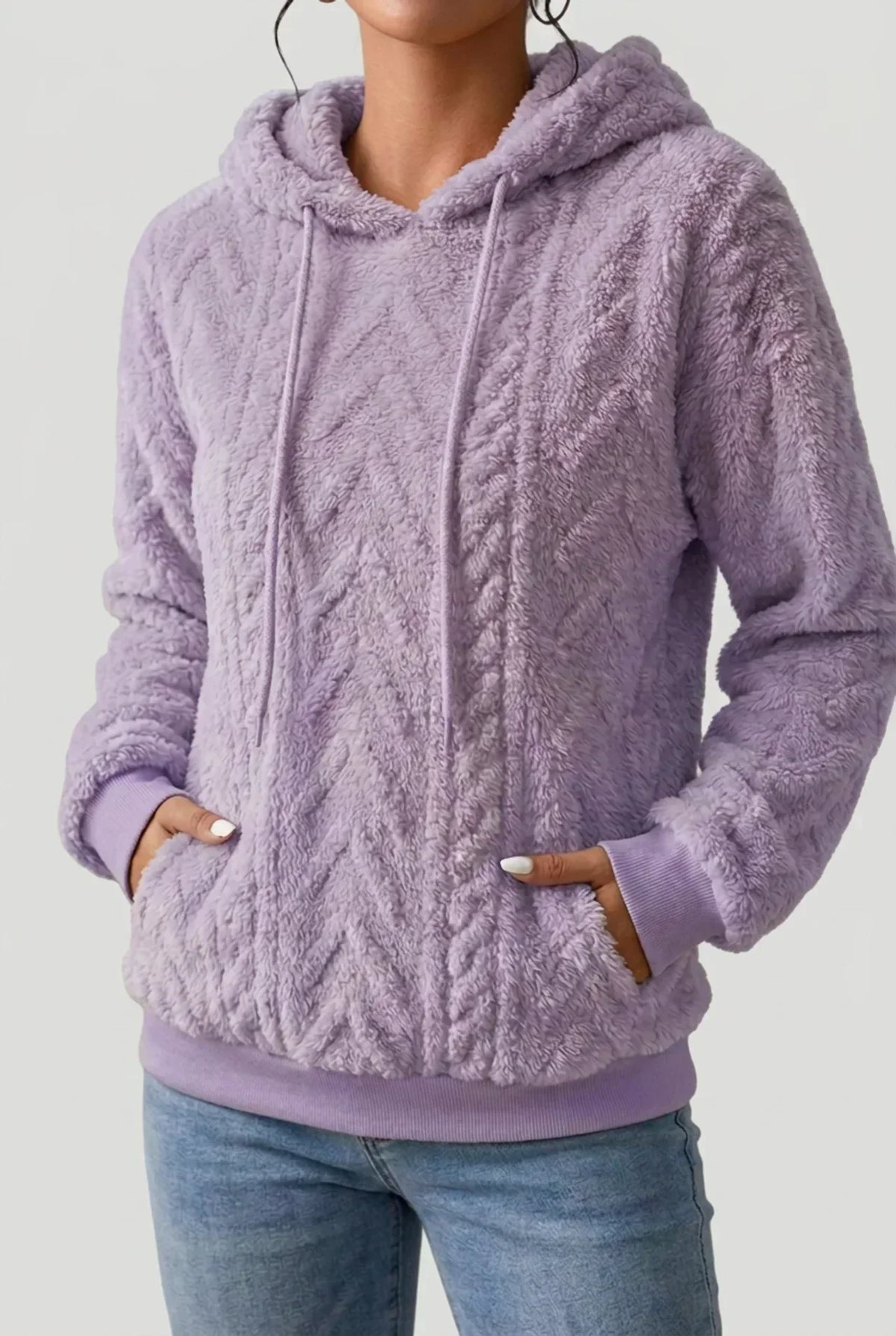 Women's textured pullover hoodie with drawstring hood, long sleeves and front pouch pocket