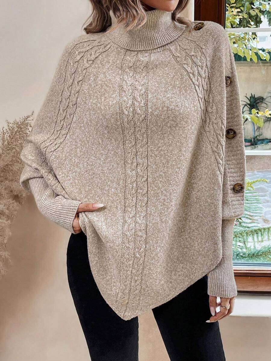 Women's Cable Knit Poncho Sweater with Button Detail