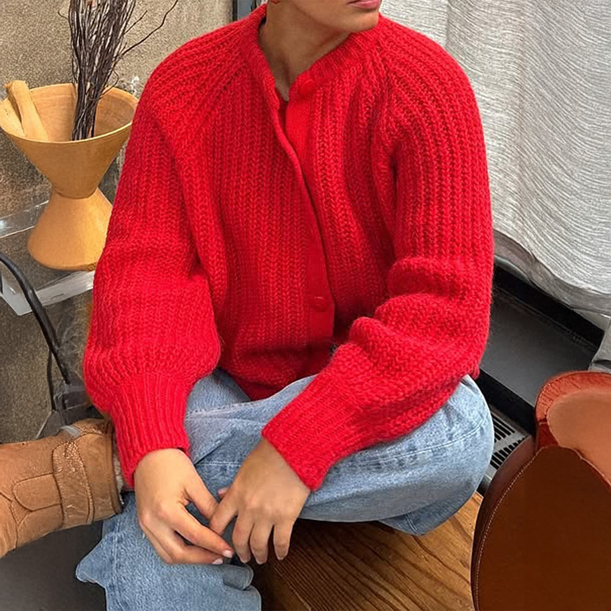 Women’s Chunky Rib Knit Crew Neck Button Cardigan