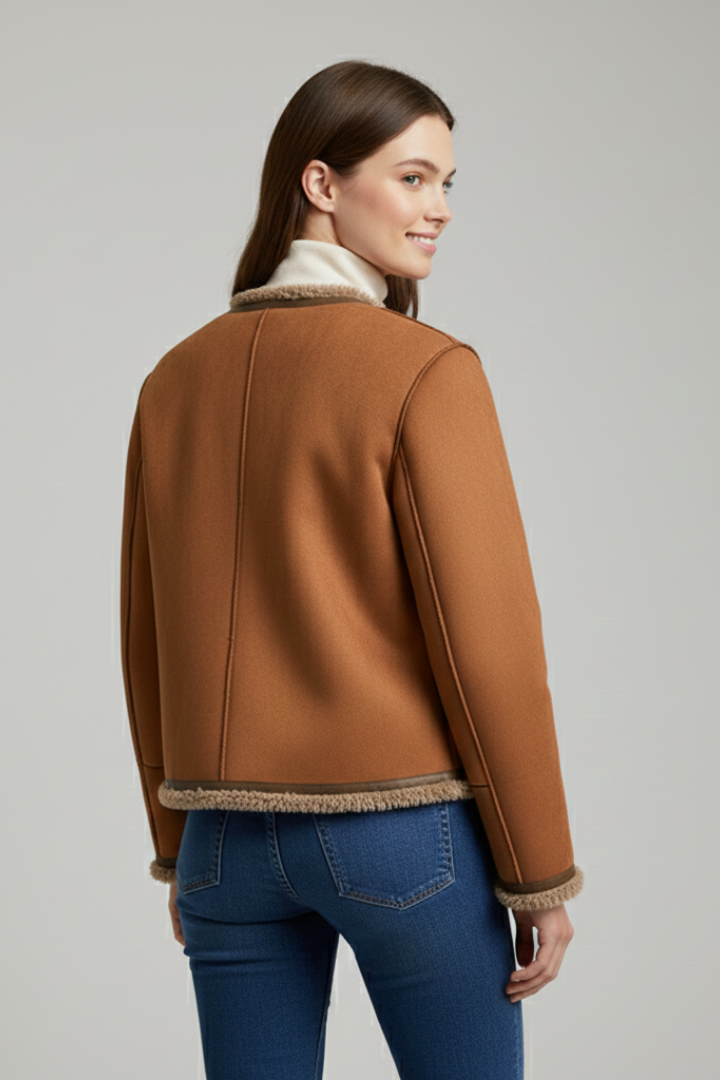 Women's Collarless Faux Suede Jacket with Faux Shearling Trim