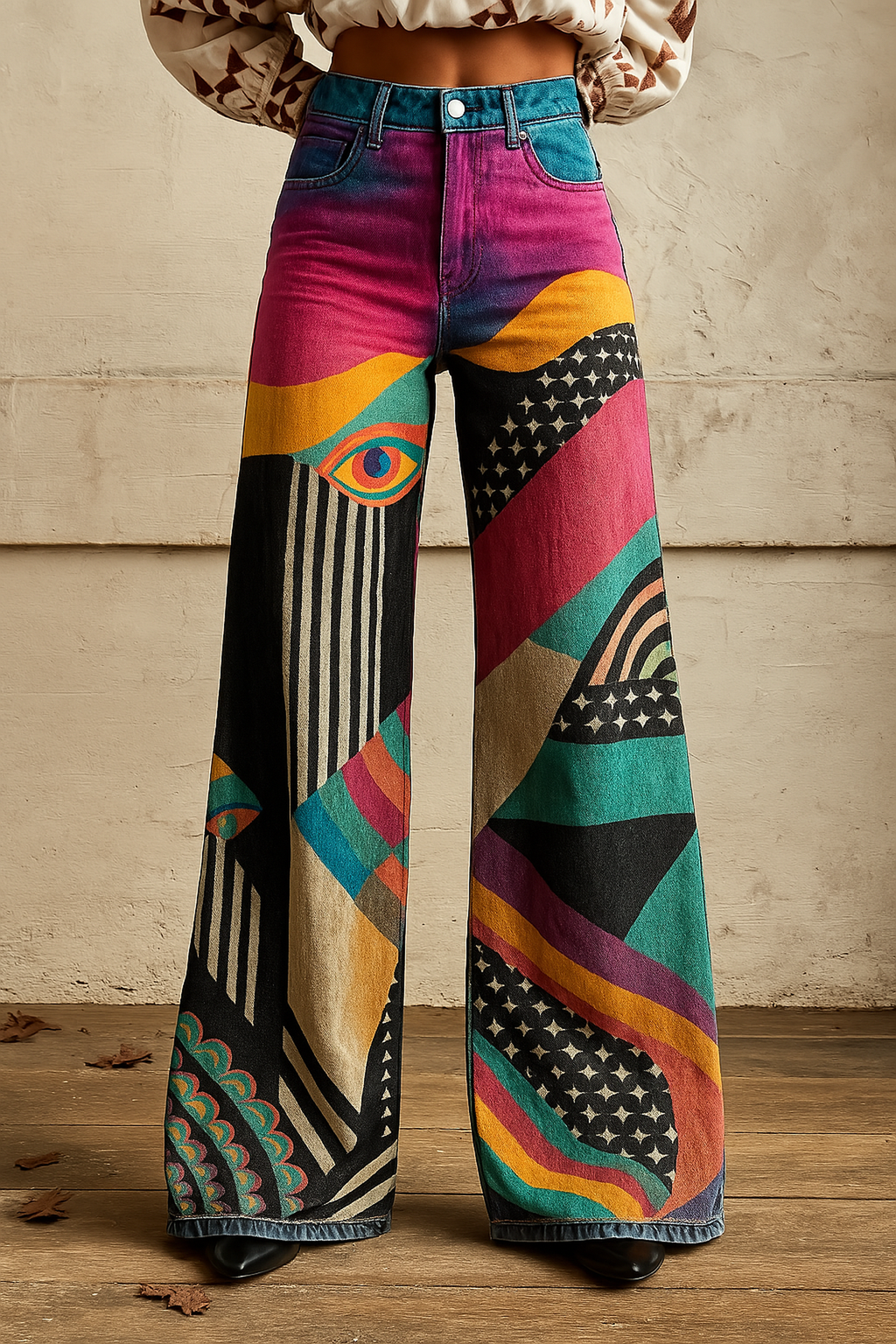Women's High-Waisted Wide-Leg Abstract Print Jeans
